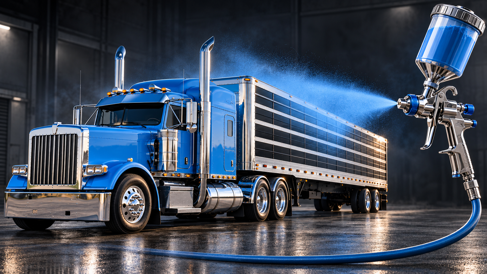 Realistic illustration of a Carolina-blue semi truck and silver trailer with a spray gun spraying blue paint, inspired by Larry's Body Shop's building sign